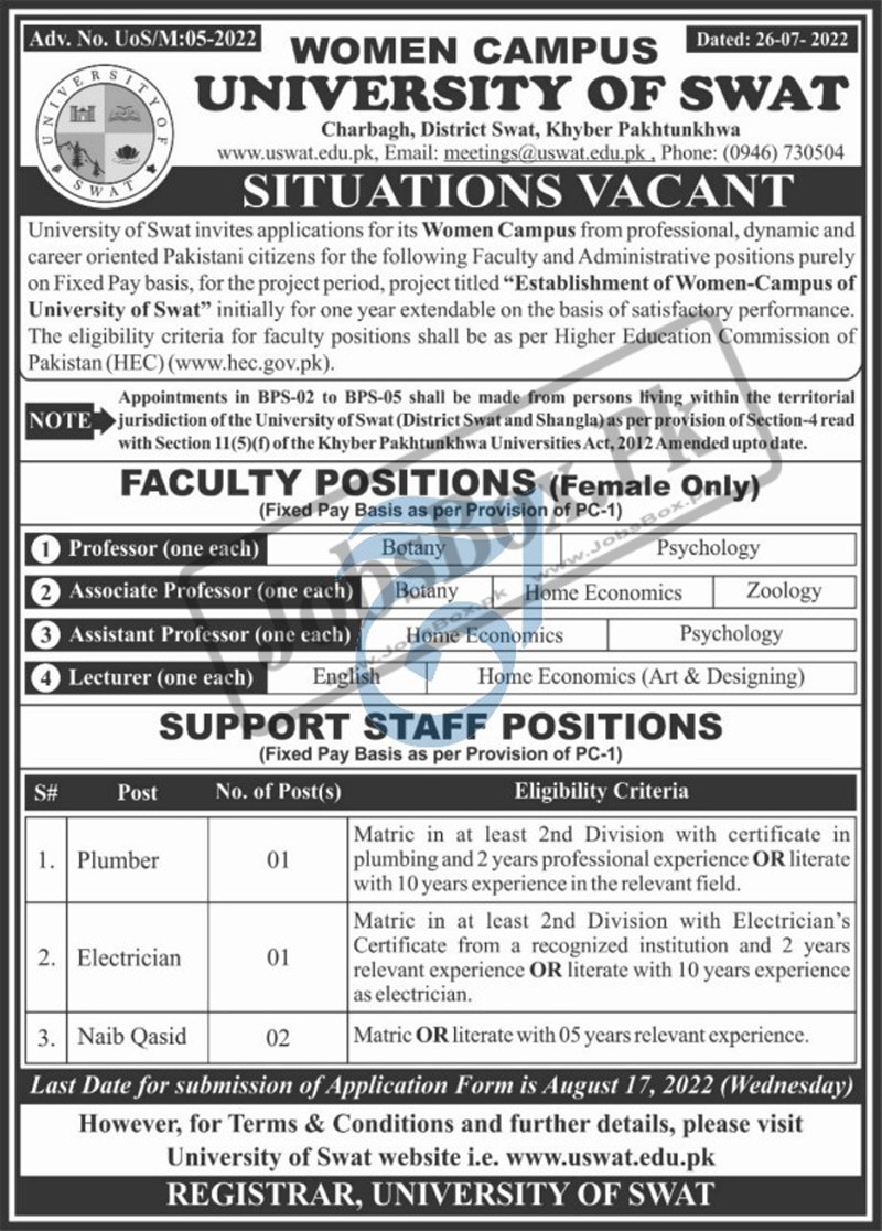 University of Swat jobs 2022 Latest Advertisement