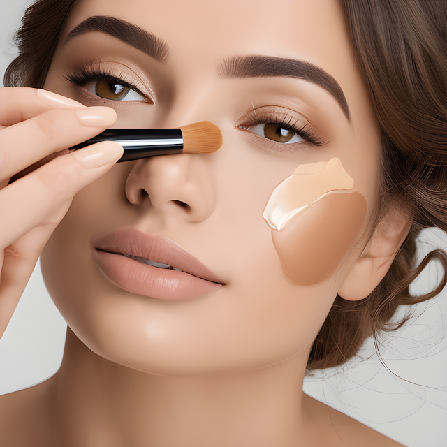 A woman applying concealer one shade lighter than her foundation to blemishes and dark circles.