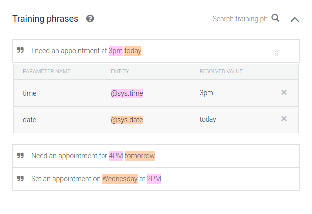 add training phrases in dialogflow user console