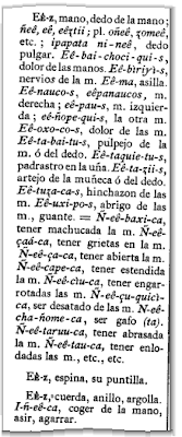 Detalhe (p. 97) da 'Arte y Vocabulario de la Lengua Chiquito', com as entradas para 'mano' e 'espina' (clique para ampliar)