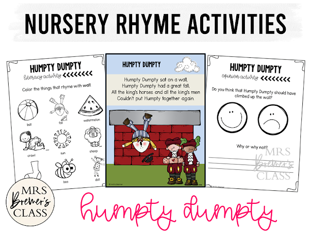 Humpty Dumpty activities unit with literacy printables, math companion activities, and worksheets for Nursery Rhymes in Kindergarten