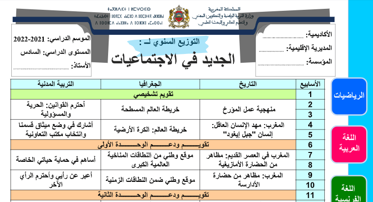 التوزيع السنوي الجديد في الاجتماعيات المستوى السادس 2023 2024 word