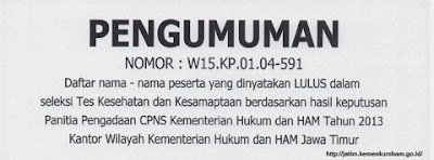 Pengumuman Hasil Kelulusan Tes Kesehatan dan Kesamaptaan CPNS Kemenkumham 2013 Kanwil Jatim