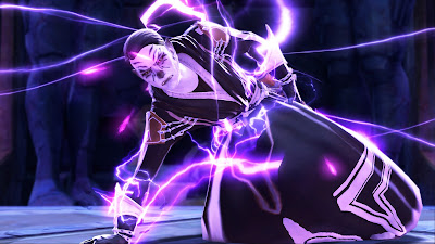 A male Cathar Sith inquisitor kneeling down and wreathed in lightning, with a pained expression on his face