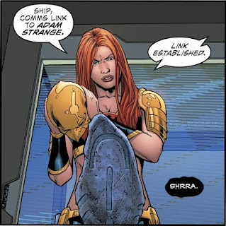 Hawkwoman takes off her helmet to get a closer look at a rock