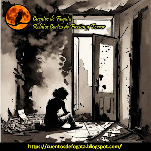 Mujer sentada en el piso en medio de una habitación destrozada con la puerta abierta
