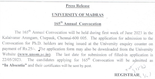 பட்டமளிப்பு விழாவில் நேரில் பட்டம் பெற பிஎச்டி பட்டதாரிகள் விண்ணப்பிக்க அழைப்பு - Conduction of 165th Annual Convocation - Notification 