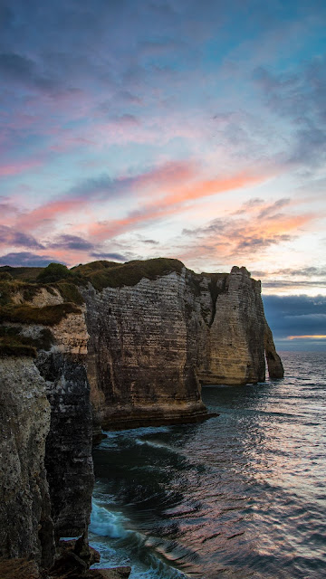 Cliff, Sunset, Sea, Sky, Clouds