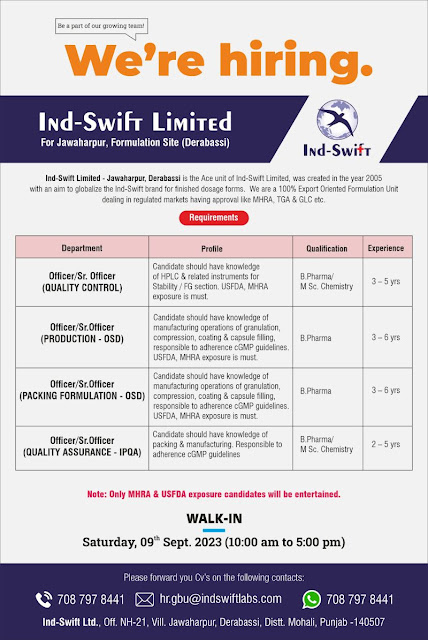 Ind-Swift Ltd Walk In Interview For QC/ Production OSD/ Packing Formulation/ IPQA