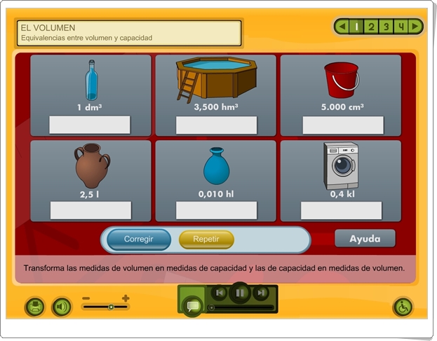 El volumen: "Equivalencias entre volumen y capacidad"  (Aplicación interactiva de Matemáticas de Primaria)