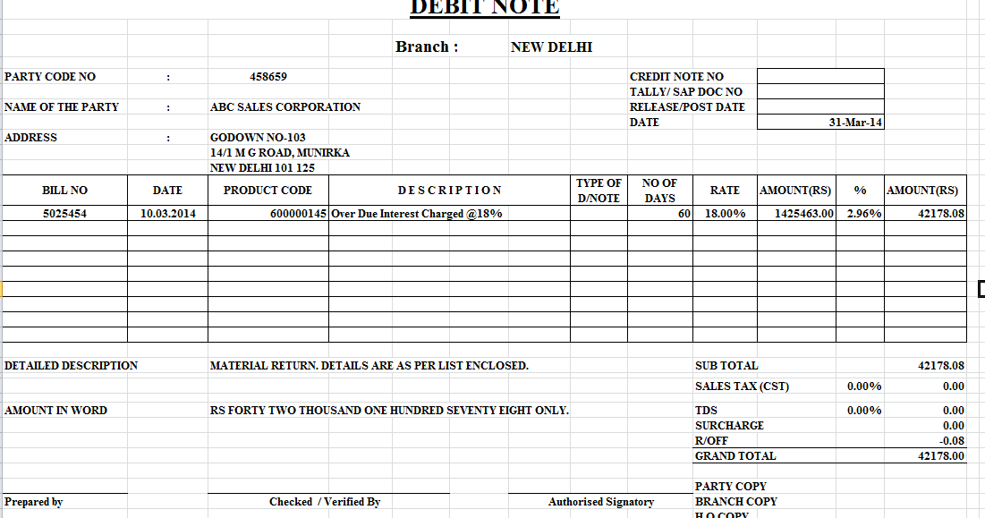 Debit Note Format In Excel Free Download