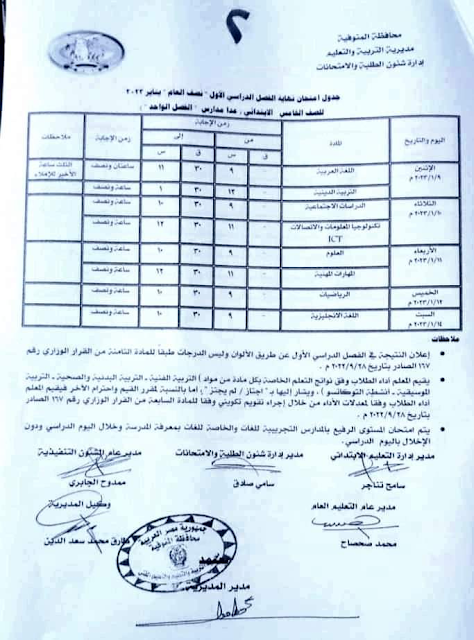 جدول امتحانات الصف الخامس الابتدائي نصف العام 2023 محافظة المنوفية