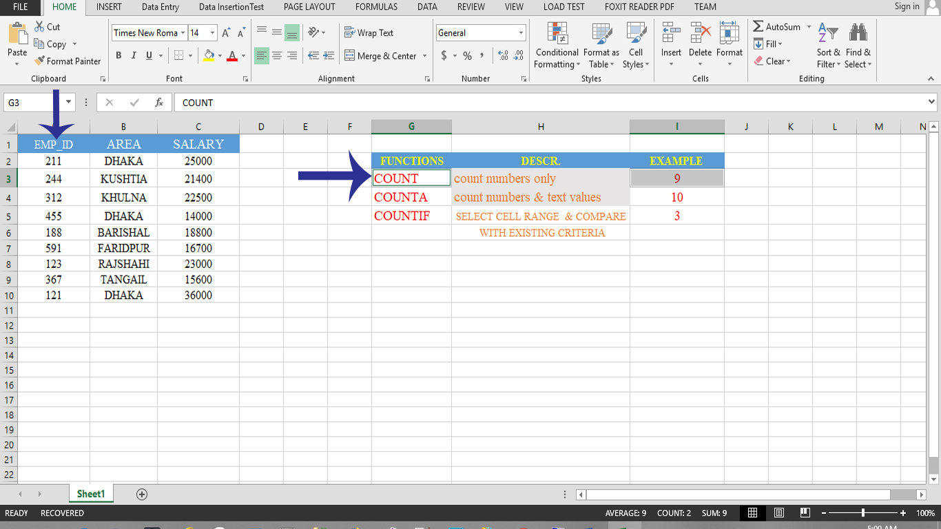 How to use COUNT Function in MSExcel Data analysis