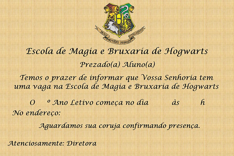 Convite Harry Potter - Carta de Admissão