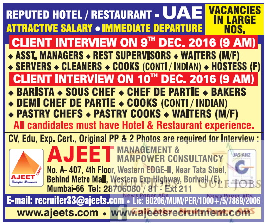 Reputed Hotel & Restaurant Large  Jobs for UAE 