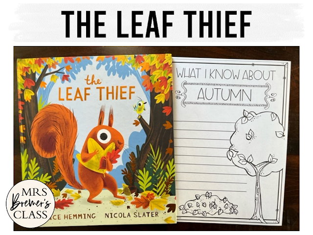 The Leaf Thief book activities unit with companion worksheets, literacy printables, lesson ideas, and a craft for fall in Kindergarten and First Grade