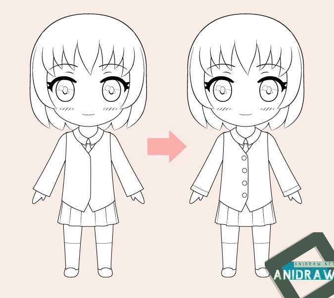 Chibi anime girl line drawing