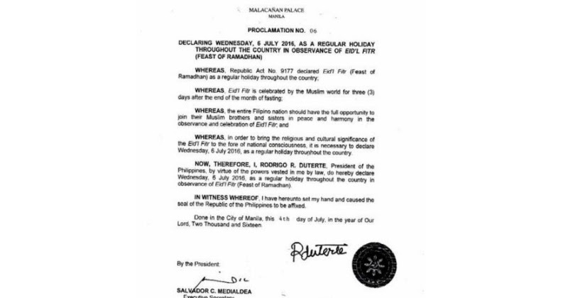 July 6, 2016 is a Holiday in the Philippines in Observance 