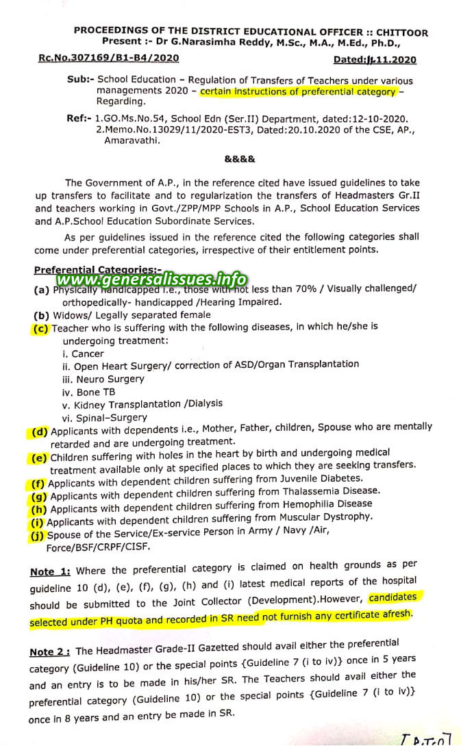 SE-Regulation of Transfers of Teachers under various managements 2020-certain instructions of preferential category regarding.