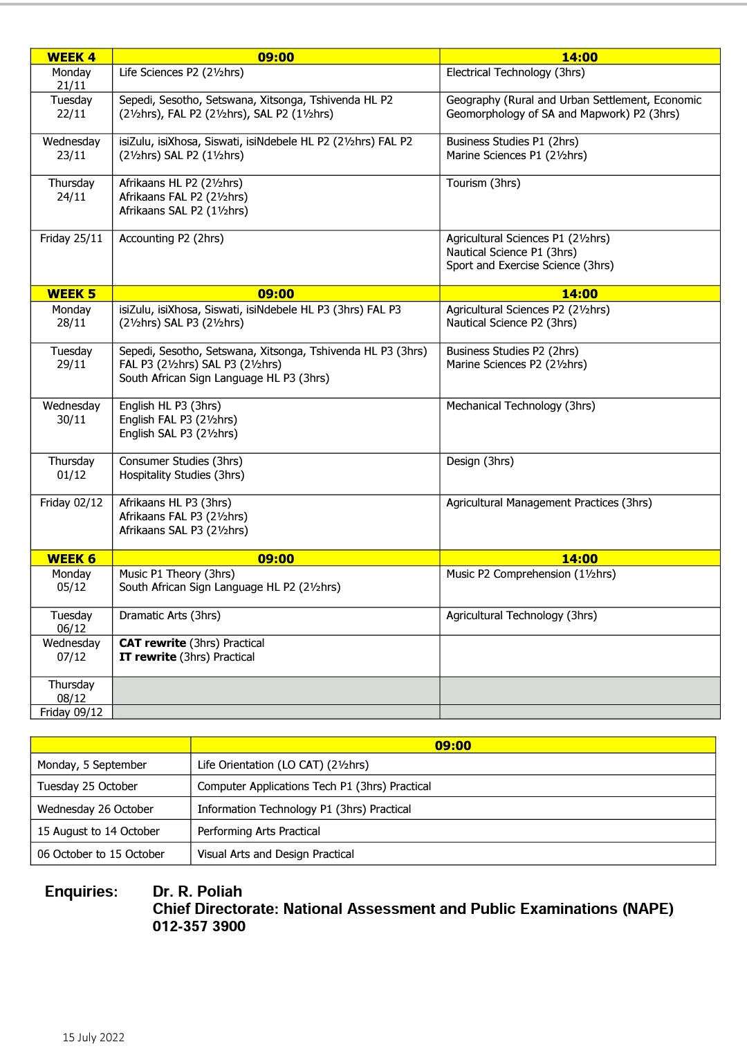 South Africa November Examination Timetable 2022