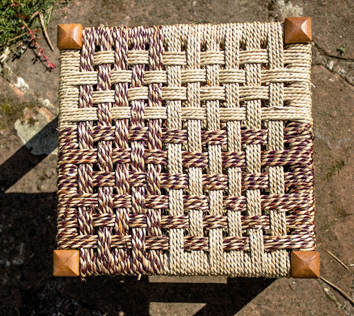 Wooden stool with seat woven with Danish cord and 2-tone seagrass