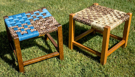 Wooden stools with seats woven in coloured cord and seagrass