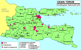 Peta pembagian letak Kabupaten dan Kota di Provinsi Jawa Timur