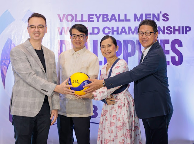 (L-R) Sen Alan Peter S. Cayetano, DOT Office of Film and Sports Tourism Director Roberto Alabado III, Mediaquest Holdings Inc. and Cignal TV President and CEO Jane Jimenez Basas, and PNVF President Ramon Suzara at the 2025 FIVB Men's World Championship press conference at the Marquis Events Place at Bonifacio Global City, Taguig.