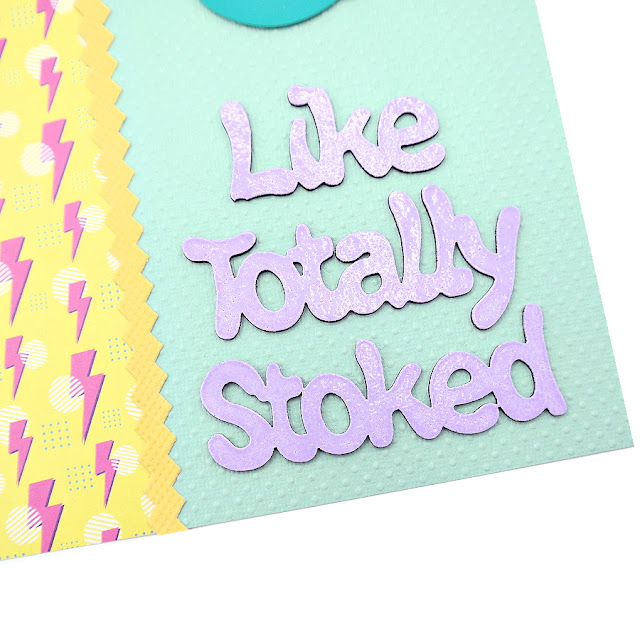 80s Slang Chipboard Title with Purple Embossing Powder on a Neon 80s Inspired Scrapbook Layout