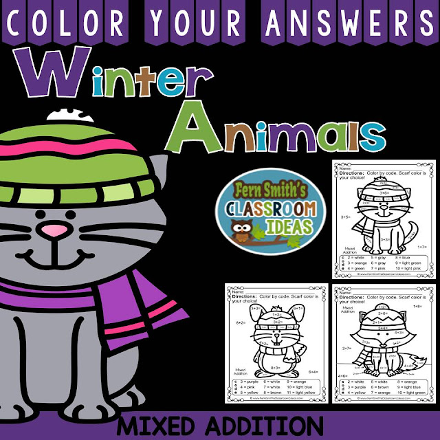 Fern Smith's Classroom Ideas  Winter Math: Winter Fun! Winter Animals Addition Facts - Color Your Answers Printables at TeacherspayTeachers. #TpT
