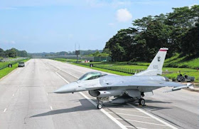 This F16 fighter aircraft can took off and landed along the a temporary aircraft runway on Lim Chu Kang Road.