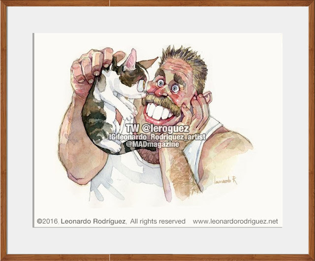 Watercolor cartoon of a smiling man holding a cute cat