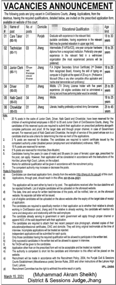 District and Session Court Office  jobs 2021