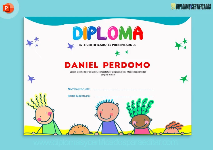 Plantilla de diploma de preescolar en PowerPoint fondo niños animados