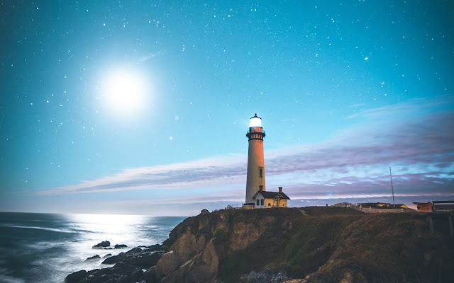 Lighthouse Starry Sky Ocean Beach Wallpaper