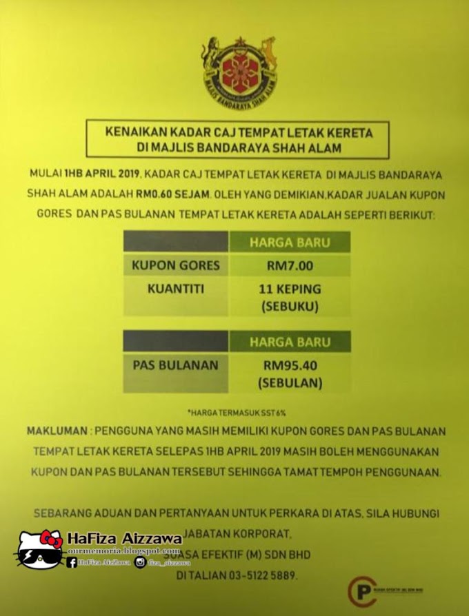 Kenaikan Kadar Caj Tempat Kereta MBSA bermula 1 April 2019