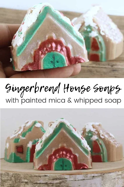 Looking for soap making ideas?  Make this whimsical gingerbread house with melt and pour soap!  Learn how to make your own soap, including whipped soap for icing, for this whimsical gingerbread house  This gingerbread dyi turned out so cute!  This diy soap making projet is fun for idss of all ages.  #soap #soapmaking #gingerbread #houses #gingerbreadhouses