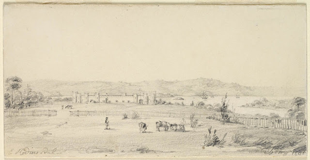Sydney 1830 - Government House Stables from the Domain - Charles Rodius (1802-1860)