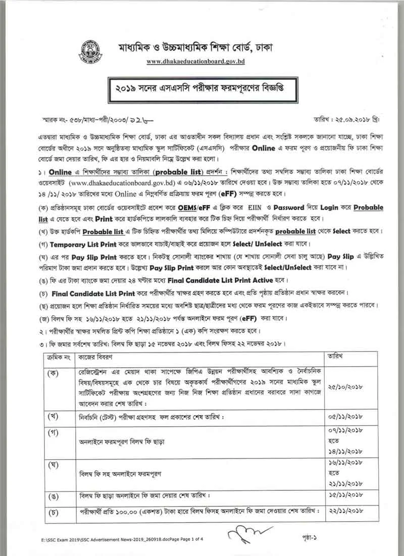 Dakhil Form Fill up Notice 2019