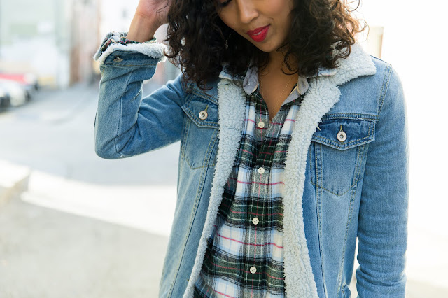 pancake stacker wearing men's "oversized" flannel, boohoo denim jacket with faux shearling, true religion runway legging jeans and ted and muffy OTK boots