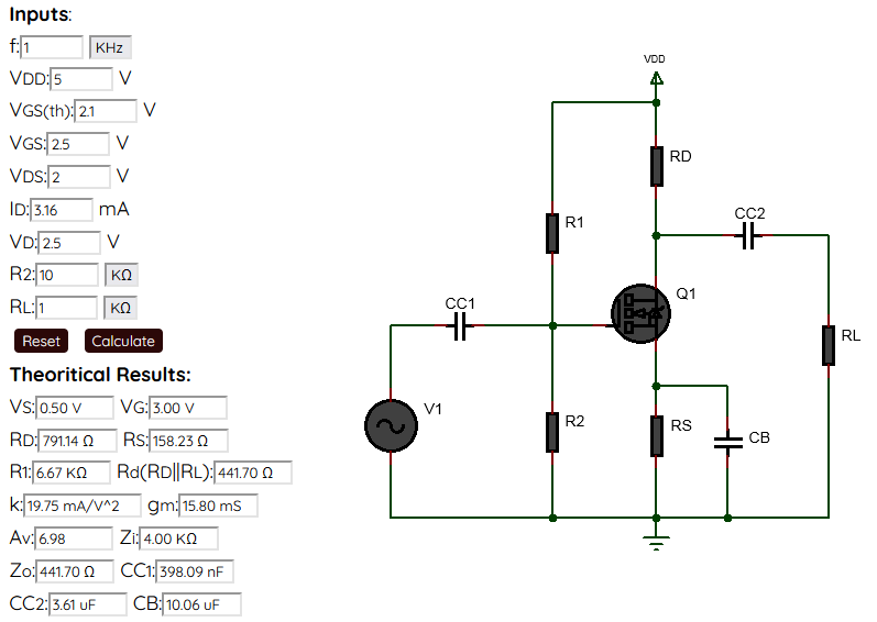 voltage divider biased enhancement MOSFET amplifier calculator