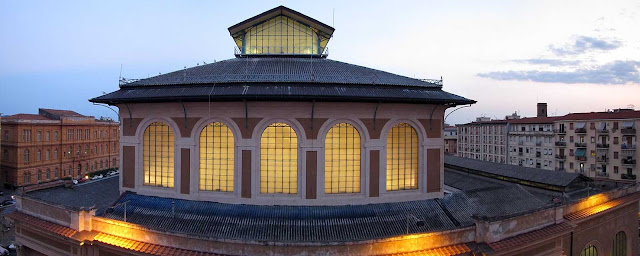 5-stitched-photo panorama at dusk, Mercato Centrale, Livorno