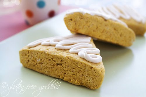 Gluten-free pumpkin scones with maple icing are tender and delicious with tea