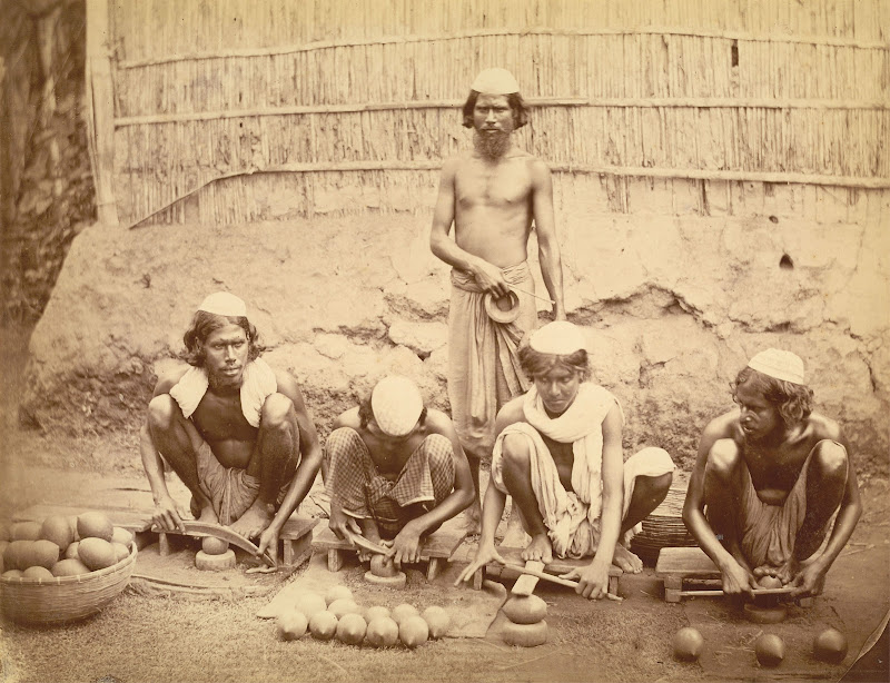 Row of Muslim Hookah Makers Demonstrating Various Stages in the Manufacture of Hookahs from Coconut Shells - Eastern Bengal 1860's