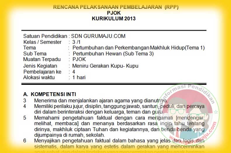 RPP PJOK SD Kelas 3 Semester 1 K13 Revisi 2018 GURU MAJU