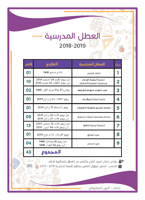 لائحة العطل المدرسية 2018-2019