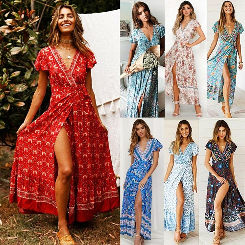 New Women Boho Beach Dress Sleeveless Floral V Neck Strappy Summer Dresses Casual Loose Sundress Short Dress Vestidos Hot 29 Styles