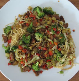 angel hair pasta with chicken sausage, red bell pepper, and broccoli