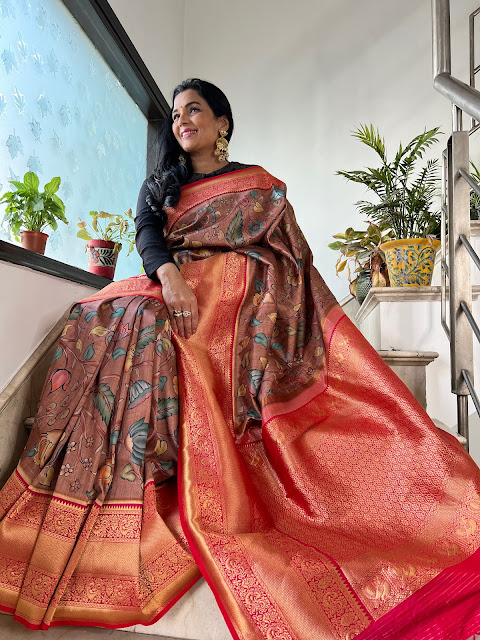 Kanjeewaram saree with kalamkari