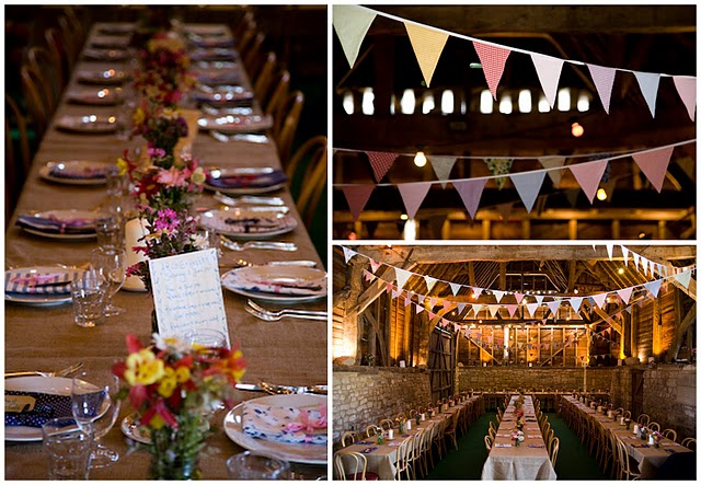 A stone walled barn bunting and burlap table linens make it so much fun